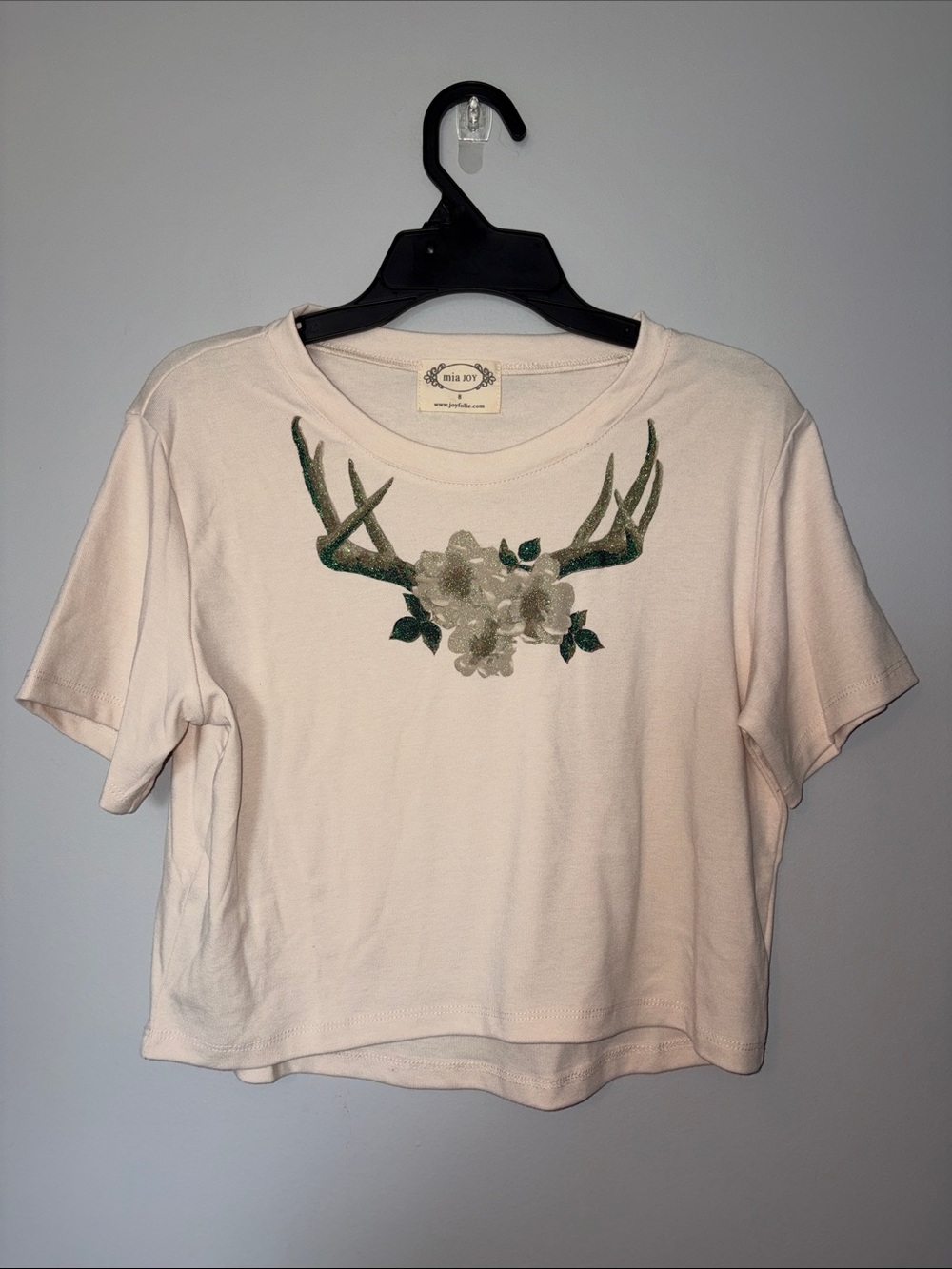 Mia Joy Girls Cream Floral Antler Cropped Short Sleeve Tee size 8